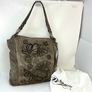 Brighton Masterpiece Patina Gray Beaded Suede Bucket Shoulder Bag MSRP $630